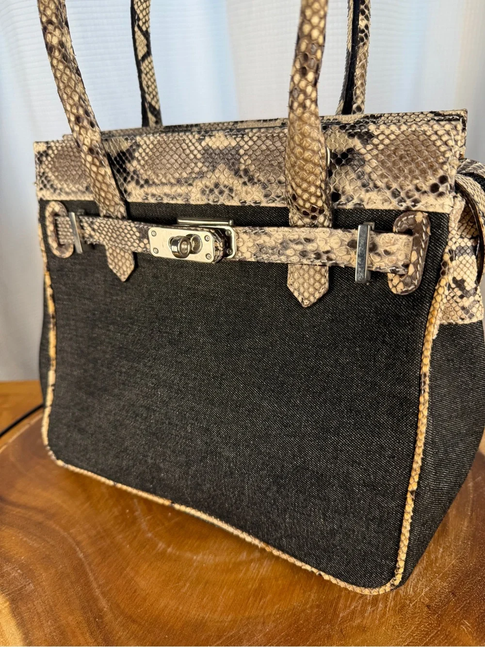 Castellari Milano Italian Leather & Denim Canvas Satchel-Snakeskin Leather Trim